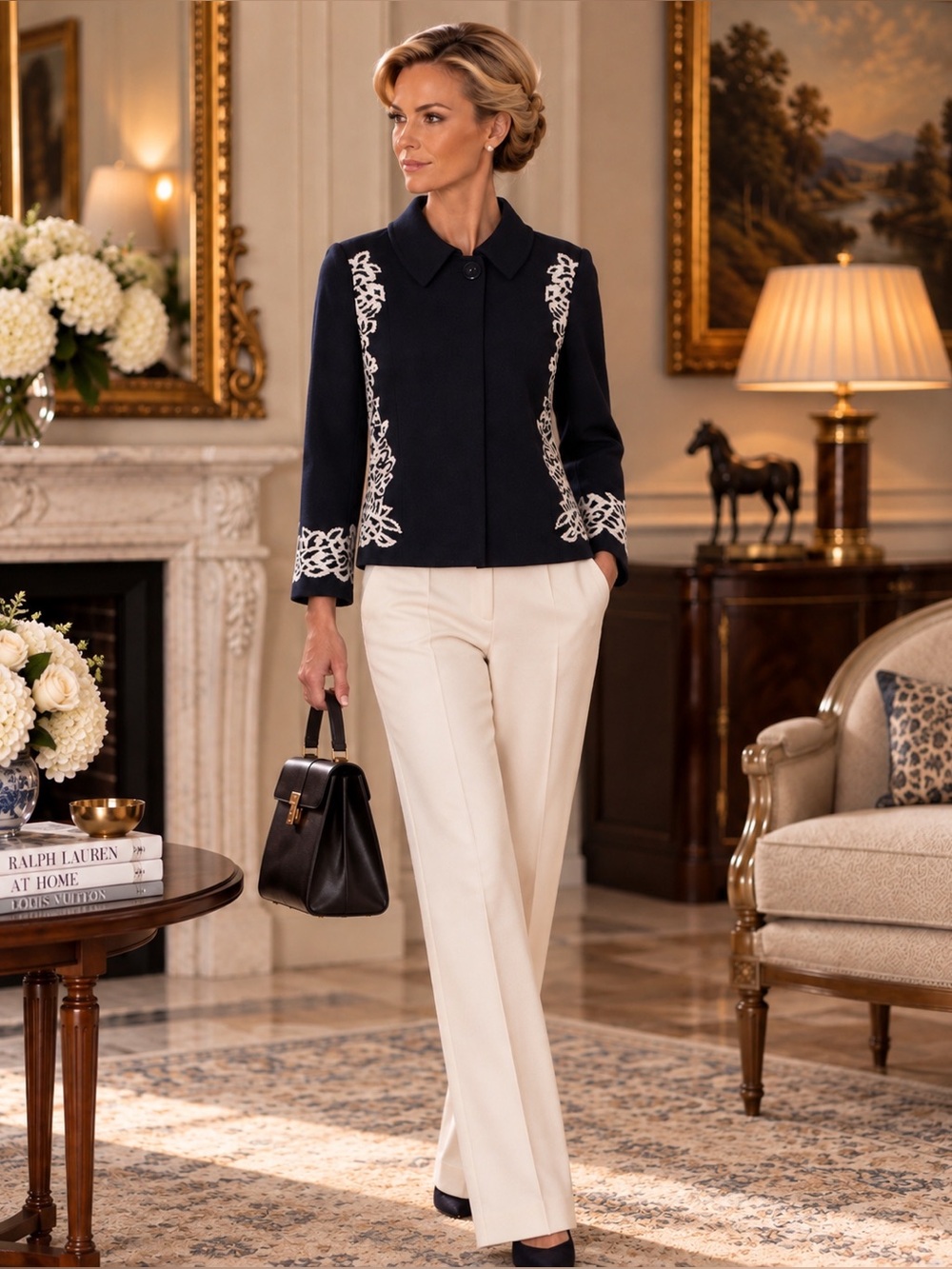 St. John Classic Navy Santana Knit with White Floral Trim Jacket – Size 6